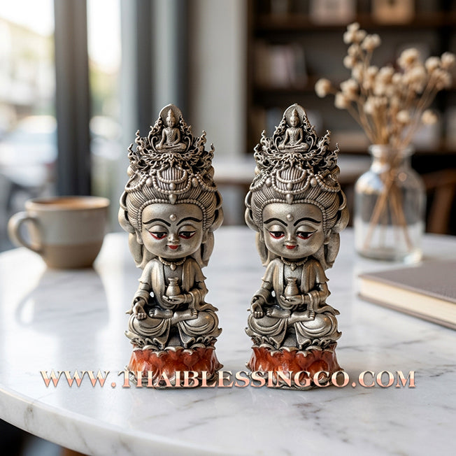 🪷 Sacred "Chao Mae Kuan Im Noi Roy Lan": Authentic Silver Satin-Plated Victory Bronze Goddess of Compassion for Infinite Wealth by Phra Arjan Amnat (2023)