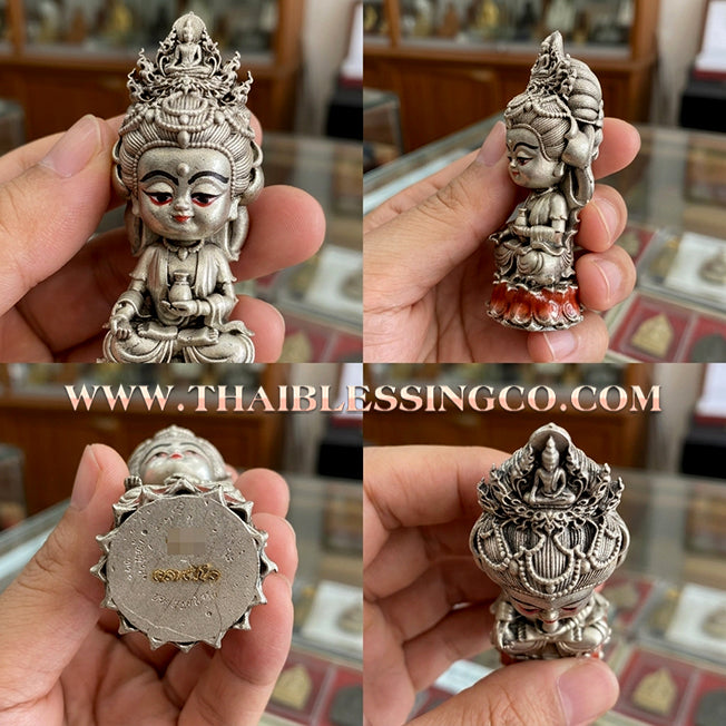 🪷 Sacred "Chao Mae Kuan Im Noi Roy Lan": Authentic Silver Satin-Plated Victory Bronze Goddess of Compassion for Infinite Wealth by Phra Arjan Amnat (2023)
