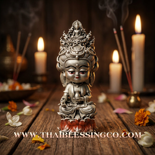 🪷 Sacred "Chao Mae Kuan Im Noi Roy Lan": Authentic Silver Satin-Plated Victory Bronze Goddess of Compassion for Infinite Wealth by Phra Arjan Amnat (2023)