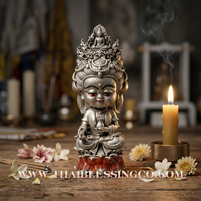 🪷 Sacred "Chao Mae Kuan Im Noi Roy Lan": Authentic Silver Satin-Plated Victory Bronze Goddess of Compassion for Infinite Wealth by Phra Arjan Amnat (2023)