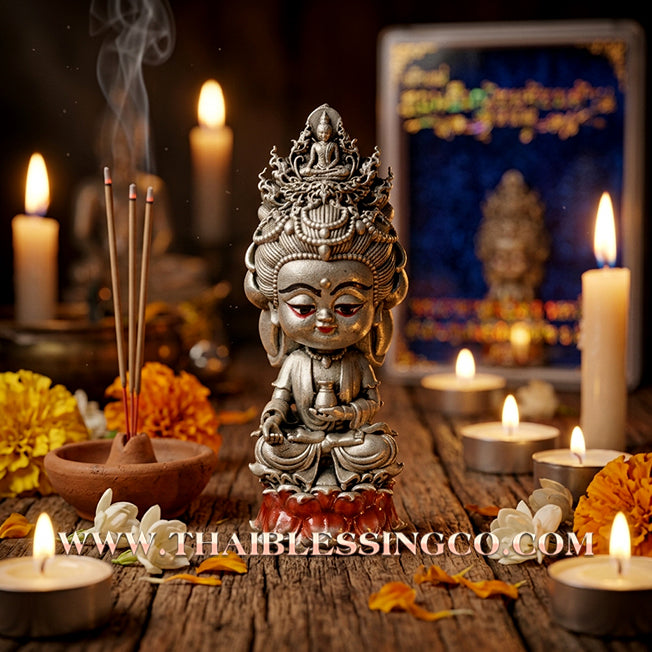 🪷 Sacred "Chao Mae Kuan Im Noi Roy Lan": Authentic Silver Satin-Plated Victory Bronze Goddess of Compassion for Infinite Wealth by Phra Arjan Amnat (2023)