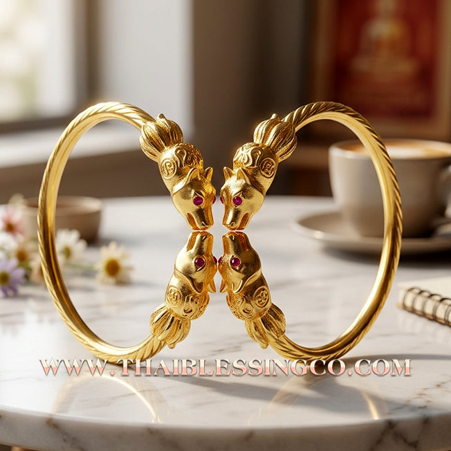 ✨🕉️ Sacred Gold-Plated Bronze "Nine-Tailed Fox Millionaire" Bracelet: Master Achan Subin Na Na Thong (2016 Exclusive Edition) – The Ultimate Celestial Enchantment Talisman for Billionaire Wealth, Golden Charisma, and Supreme Social Influence