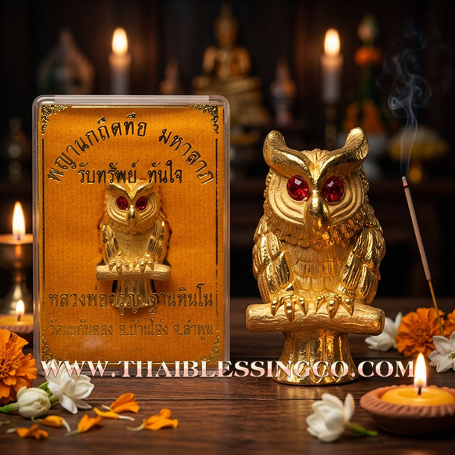 ✨🕉️ Sacred Gold-Plated Bronze "Phaya Nok Thue Thue" (Great Owl of Fortune): Luang Phor Jaroon, Wat Makubtong (2019 Exclusive Edition) – The Ultimate Lanna Talisman for Golden Windfalls, Extreme Gambling Luck, and Financial Mastery