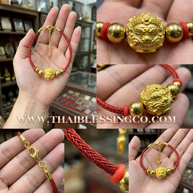 ✨🕉️ Sacred Gold-Plated "No Mo Srivijaya" Phra Rahu Alchemical Sphere (Luk Om) Bracelet – Baramee Srivijaya the Ultimate Talisman for Royal Wealth, Fate Reversal, and Southern Prosperity! Red