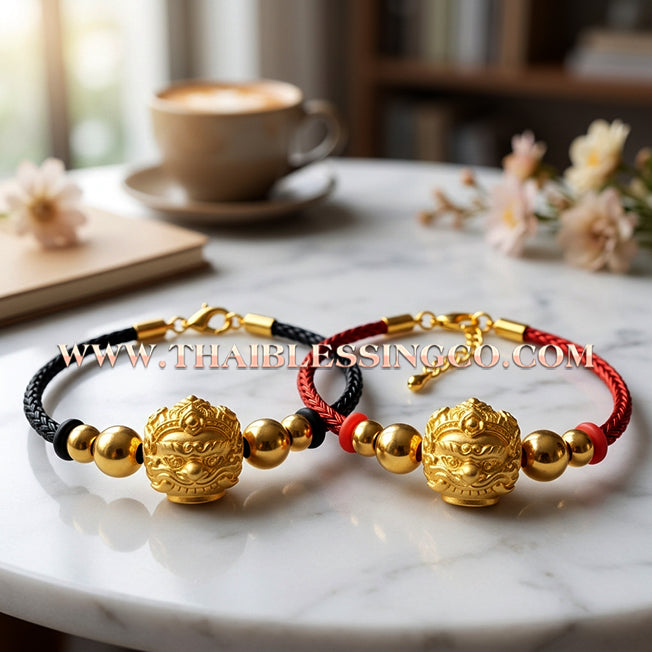 ✨🕉️ Sacred Gold-Plated "No Mo Srivijaya" Phra Rahu Alchemical Sphere (Luk Om) Bracelet – Baramee Srivijaya the Ultimate Talisman for Royal Wealth, Fate Reversal, and Southern Prosperity!