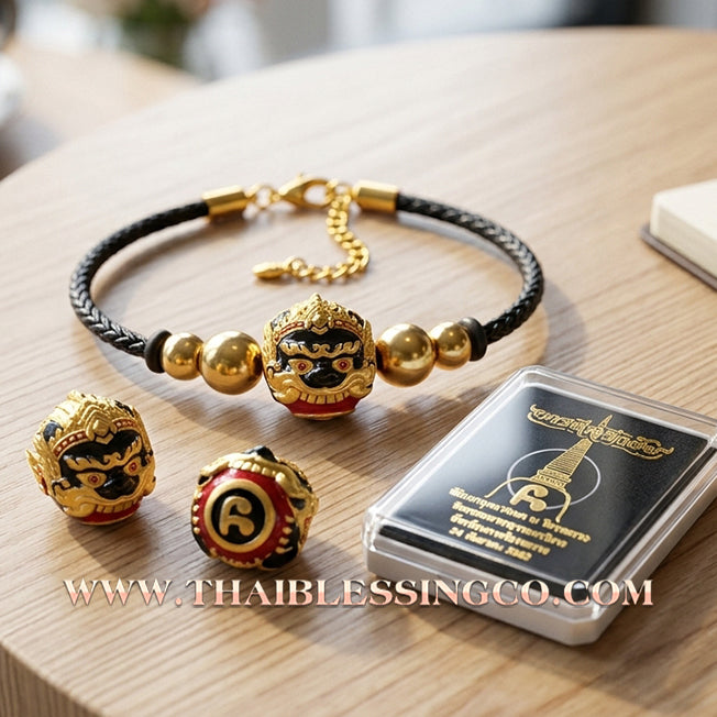 ✨🕉️ Sacred Gold-Plated & Enamel "No Mo Srivijaya" Phra Rahu Alchemical Sphere (Luk Om) Bracelet – Baramee Srivijaya The Ultimate Talisman for Royal Abundance, Fate Reversal, and Southern Prosperity!