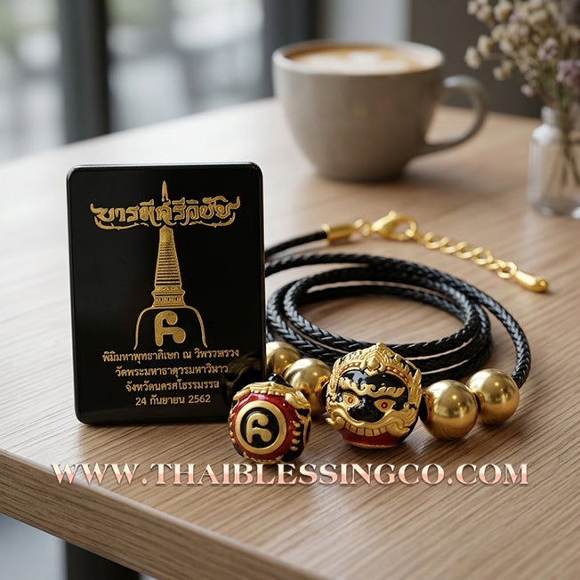 ✨🕉️ Sacred Gold-Plated & Enamel "No Mo Srivijaya" Phra Rahu Alchemical Sphere (Luk Om) Bracelet – Baramee Srivijaya The Ultimate Talisman for Royal Abundance, Fate Reversal, and Southern Prosperity!