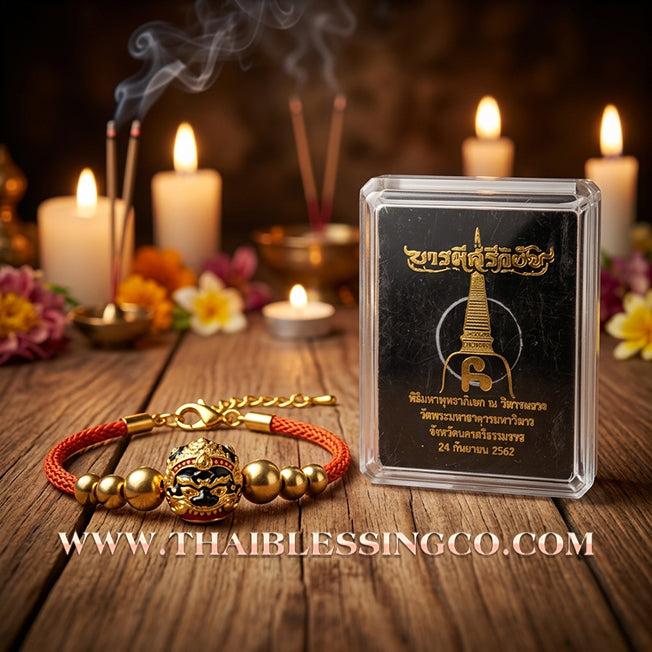 ✨🕉️ Sacred Gold-Plated & Enamel "No Mo Srivijaya" Phra Rahu Alchemical Sphere (Luk Om) Bracelet – Baramee Srivijaya The Ultimate Talisman for Royal Abundance, Fate Reversal, and Southern Prosperity!