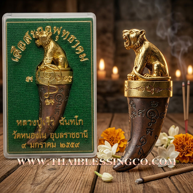 🐯 Sacred Khiao Suea "Sakot Phut Tha Khom": Authentic Thai Satta-Brass Tiger Fang for Absolute Protection & Wealth by Luang Pu Reo (2016)