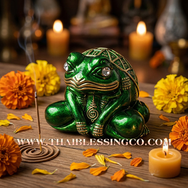 🐸🌙 Sacred "Kop Kin Duean": Authentic Emerald-Enameled Victory Bronze "Moon-Eating Frog" for Overflowing Wealth by Kruba Chaiya Patapi (2019)