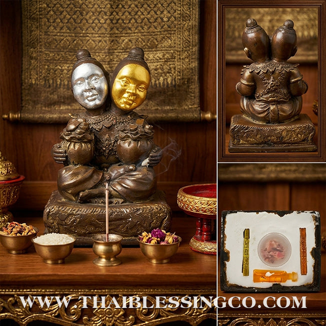 ✨🔥 Sacred "Kuman Thong Song Hua" (Dual-Headed Golden Child) – Bronze "Silver & Gold Face" Masterpiece: Luang Pho Samnao, Wat Pho Sangkho – The Divine Engine for Binary Wealth Accumulation, Sovereign Influence, and Unstoppable Life Elevation!