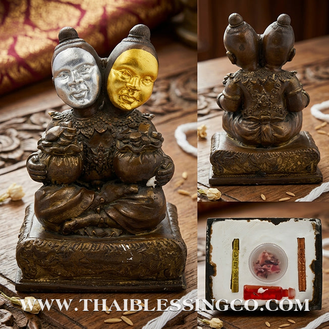 ✨🔥 Sacred "Kuman Thong Song Hua" (Dual-Headed Golden Child) – Bronze "Silver & Gold Face" Masterpiece: Luang Pho Samnao, Wat Pho Sangkho – The Divine Engine for Binary Wealth Accumulation, Sovereign Influence, and Unstoppable Life Elevation!