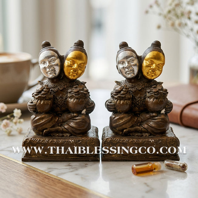 ✨🔥 Sacred "Kuman Thong Song Hua" (Dual-Headed Golden Child) – Bronze "Silver & Gold Face" Masterpiece: Luang Pho Samnao, Wat Pho Sangkho – The Divine Engine for Binary Wealth Accumulation, Sovereign Influence, and Unstoppable Life Elevation!