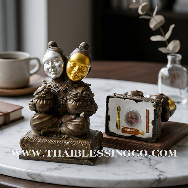 ✨🔥 Sacred "Kuman Thong Song Hua" (Dual-Headed Golden Child) – Bronze "Silver & Gold Face" Masterpiece: Luang Pho Samnao, Wat Pho Sangkho – The Divine Engine for Binary Wealth Accumulation, Sovereign Influence, and Unstoppable Life Elevation!