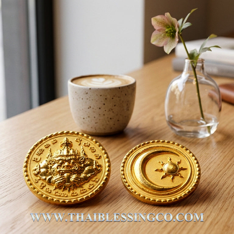 ☀️ Sacred Phra Rahu "Celestial Victory" Nano Medallion - Gold-Plated Bronze Edition (2026 Collector's Series) - Blessed by Kruba Kamfan, Wat Ko Chok