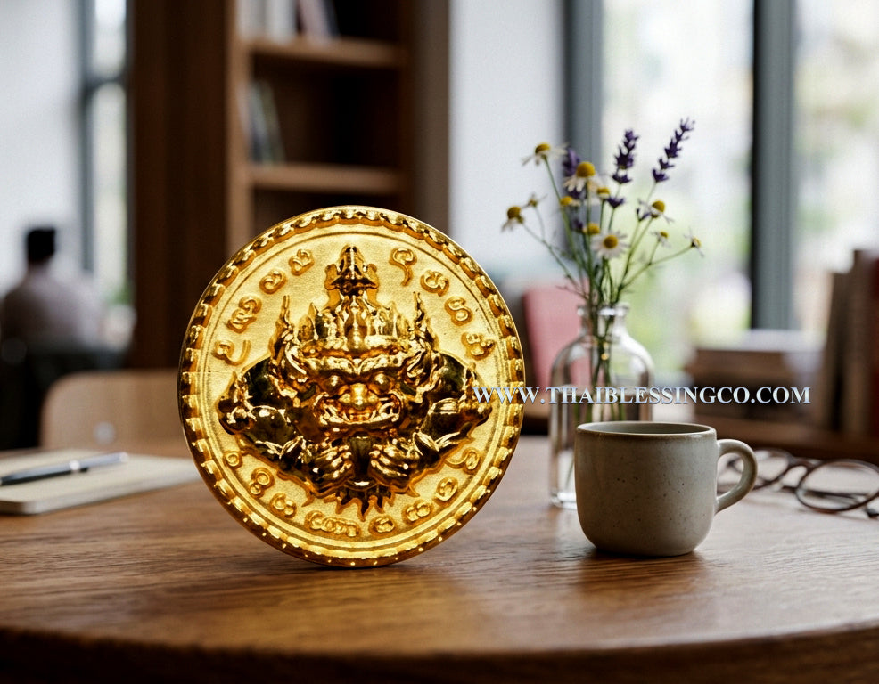 ☀️ Sacred Phra Rahu "Celestial Victory" Nano Medallion - Gold-Plated Bronze Edition (2026 Collector's Series) - Blessed by Kruba Kamfan, Wat Ko Chok