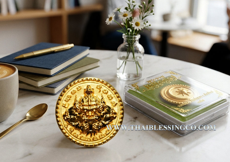 ☀️ Sacred Phra Rahu "Celestial Victory" Nano Medallion - Gold-Plated Bronze Edition (2026 Collector's Series) - Blessed by Kruba Kamfan, Wat Ko Chok