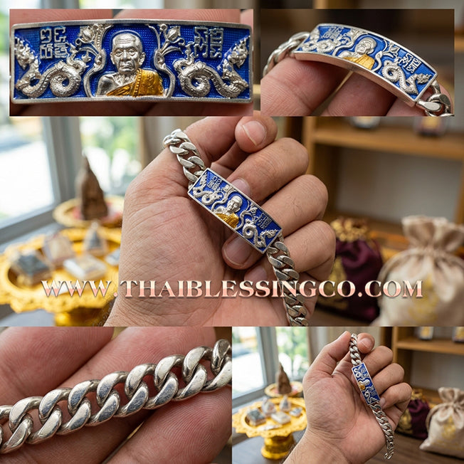 ✨🕉️ Sacred "Silver Plus" Enamel Wealth-Calling Bracelet (Les) – Luang Pu Moon Thitasi-lo: Amata Thera 5 Phaendin Edition (2018) – The Ultimate Talisman for Invincible Luck, Radiant Fortune, and the Unstoppable Blessings of the "5-Reign Immortal Monk"