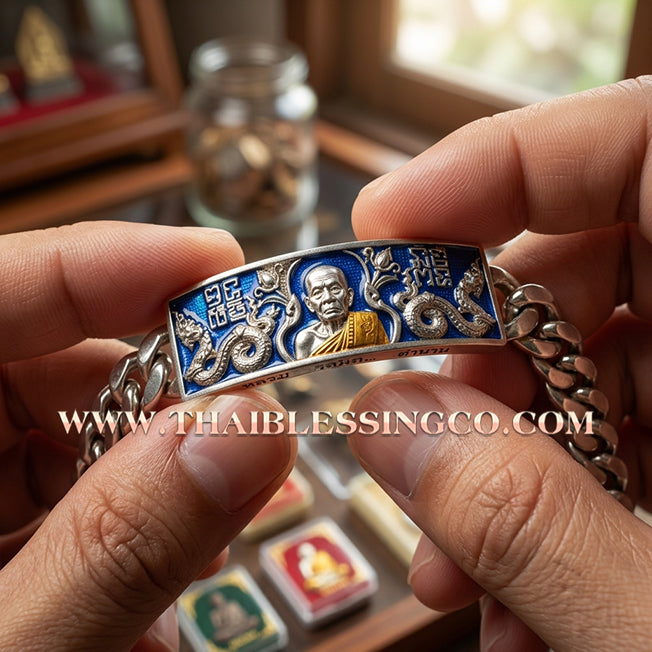 ✨🕉️ Sacred "Silver Plus" Enamel Wealth-Calling Bracelet (Les) – Luang Pu Moon Thitasi-lo: Amata Thera 5 Phaendin Edition (2018) – The Ultimate Talisman for Invincible Luck, Radiant Fortune, and the Unstoppable Blessings of the "5-Reign Immortal Monk"