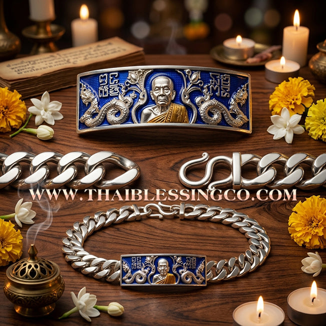 ✨🕉️ Sacred "Silver Plus" Enamel Wealth-Calling Bracelet (Les) – Luang Pu Moon Thitasi-lo: Amata Thera 5 Phaendin Edition (2018) – The Ultimate Talisman for Invincible Luck, Radiant Fortune, and the Unstoppable Blessings of the "5-Reign Immortal Monk"