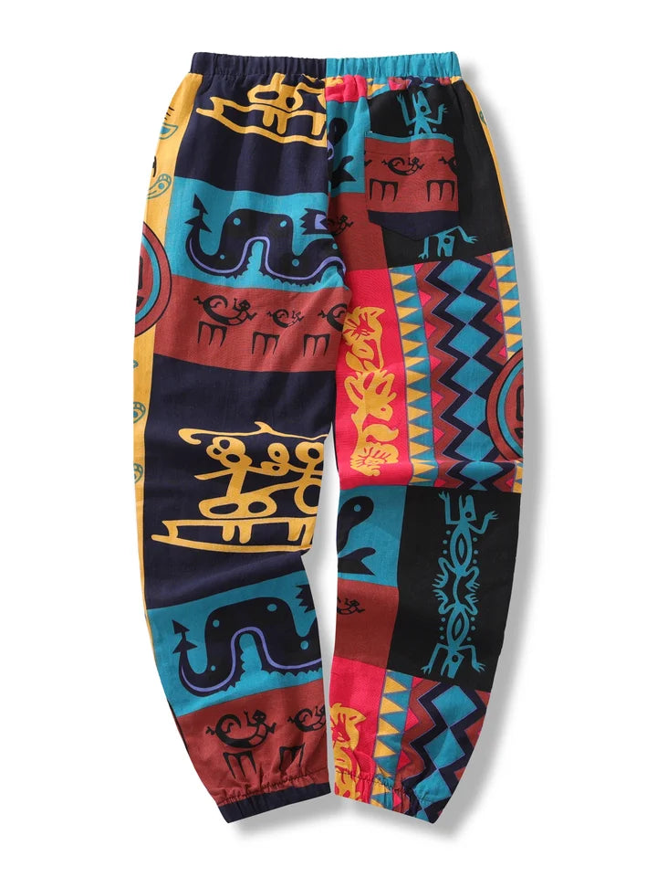 🌍 The Boho-Tribal Heritage Jogger: Premium Men’s Cotton-Linen Stretch Pants – High-Definition Tribal Graphic Print, Lightweight Breathable Fabric with Deep Pockets and Signature Drawstring Waist