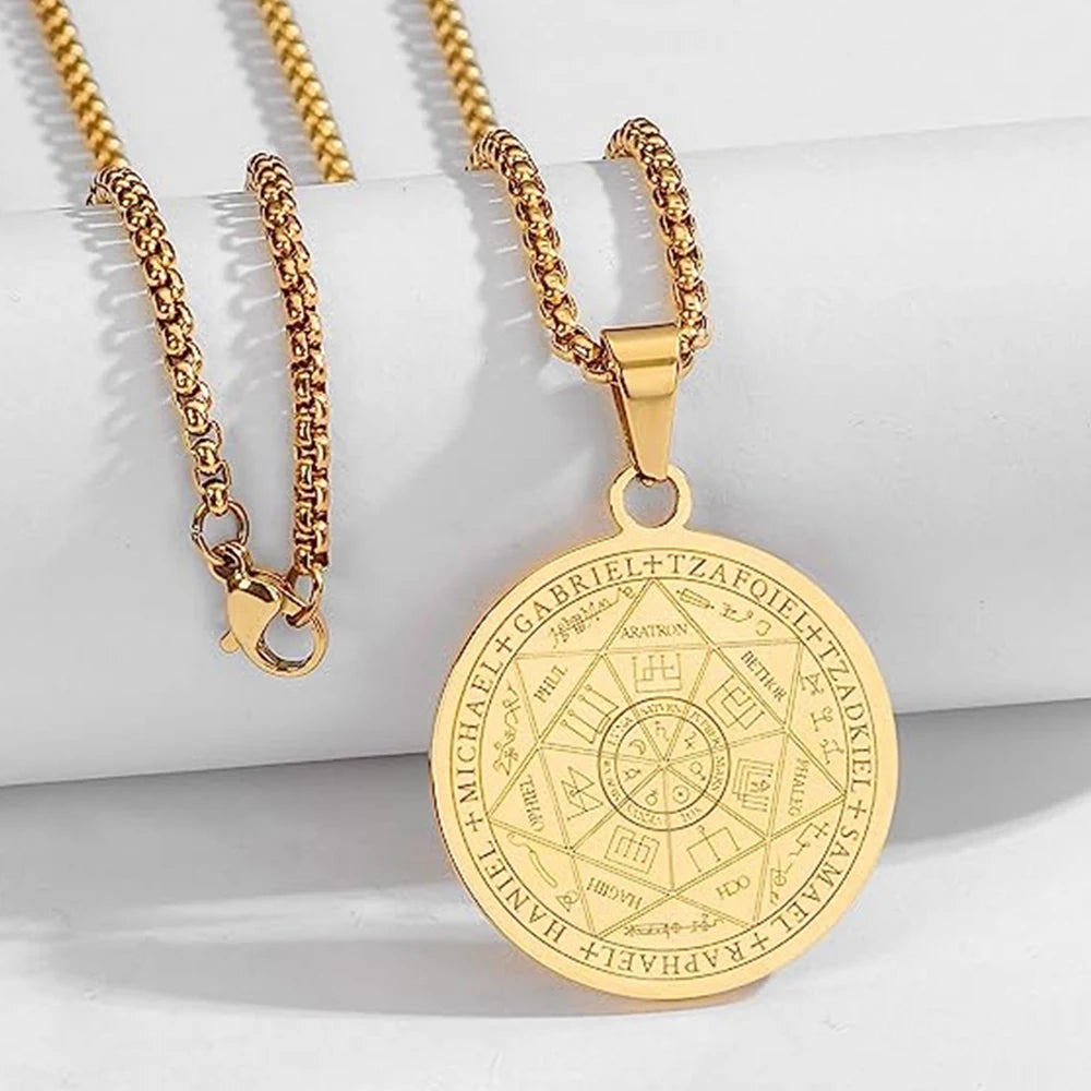 🛡️✨ Supreme 7 Archangels Protection Seal Pendant – Stainless Steel Necklace for Divine Shield & Spiritual Harmony 60cm Gold