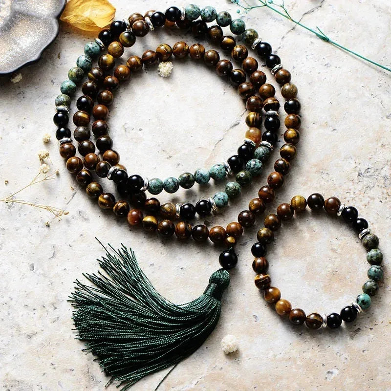 🐯 Retro Ethnic Tiger Eye & Turquoise 108 Bead Necklace: Healing Protection Mala with Lobster Clasp – Boho Statement Jewelry for Men & Women Tiger Eye 108Set