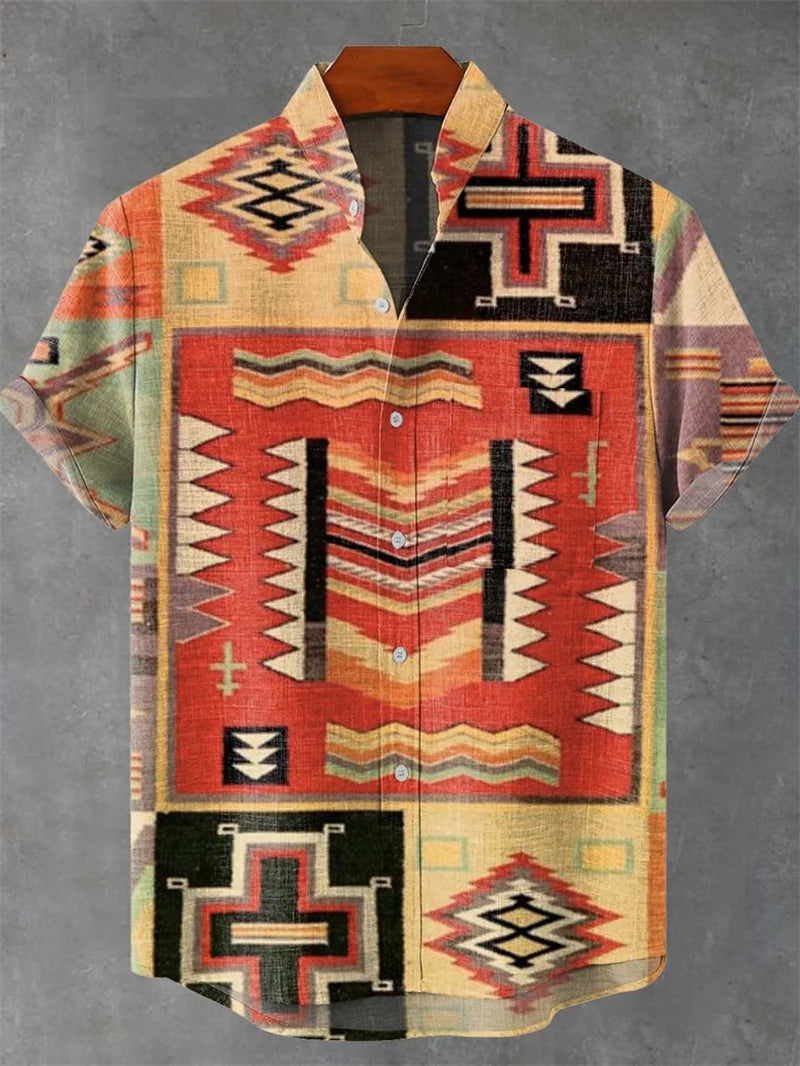 🐍 The Serpent & Solstice Art Edition: Premium Men’s Organic Linen Shirt – High-Definition Snake & Sacred Tree Illustration, Vintage Sun Graphic, Breathable Short-Sleeve Casual Button-Down FX8414