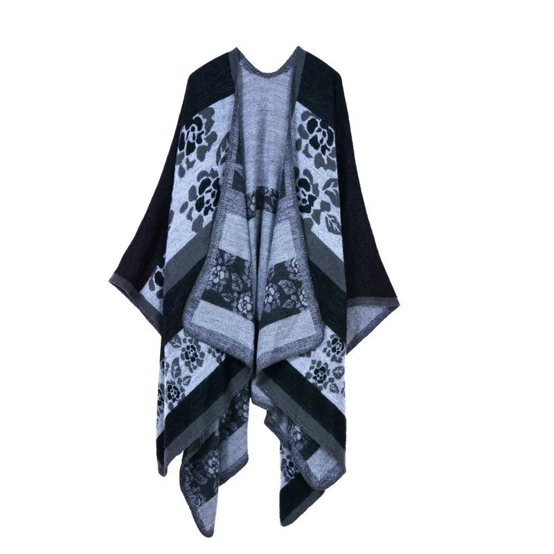 Winter Fashion Poncho Women Capes Scarf Imitation Cashmere Ladies Scarves Warm Shawls Wraps Woman Ponchos Bufanda Mujer Foulard One Size 2Flowers-black