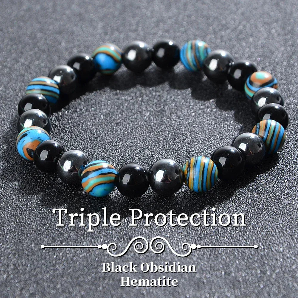🛡️ The "Azure Guardian" Triple Protection Bracelet: Blue Malachite, Obsidian & Hematite Shield Style-G
