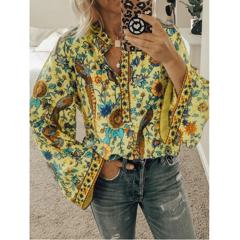 👚 Women’s Floral Print Blouse – Spot New Summer Design, Loose Fit, Flared Long Sleeves, Model CKX9070 yellow