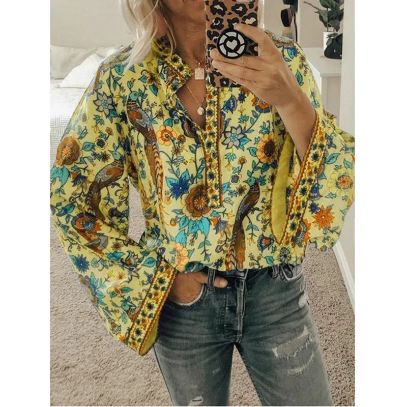 Women's Floral Print Blouse - New Summer Design, Loose Fit, Flared Long Sleeves, Model CKX9070 yellow