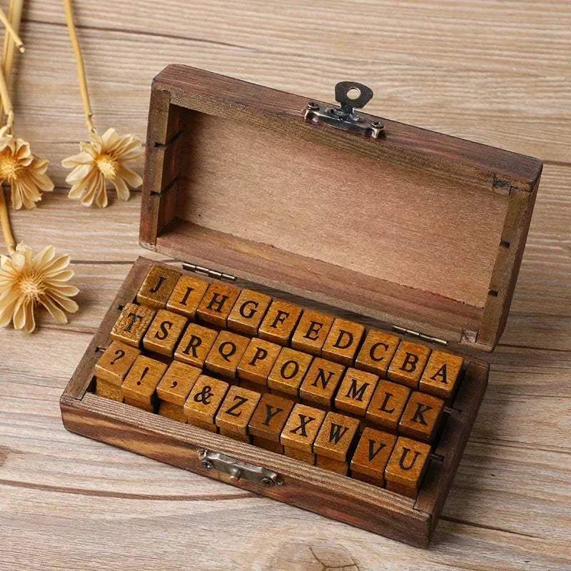 🔤 Wooden Alphabet Letter Stamps Set – Vintage Uppercase & Lowercase Rubber Stamps with DIY Self Ink Pad | Perfect for Diary, Album, Handmade Art & Craft 30pcs Uppercase