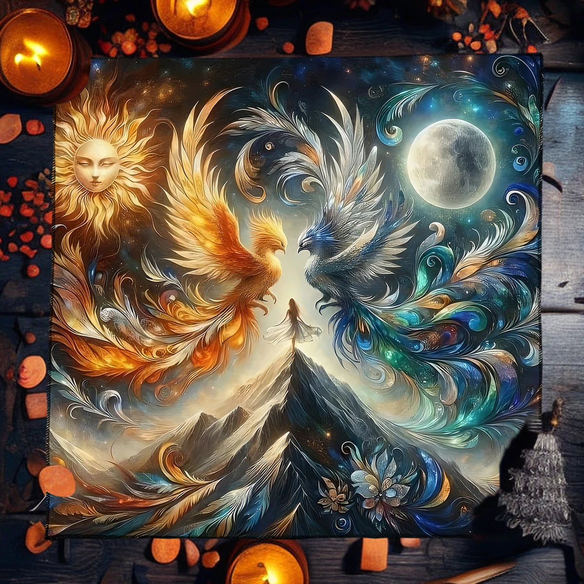 🧿Mystical Sun & Moon Phoenix Tarot Tablecloth – Ice and Fire Phoenix Altar Cloth for Powerful Tarot Readings, Witchcraft & Celestial Home Decor