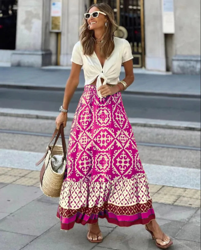 🌟 Women's Large Swing Skirt European And American Foreign Trade Printed Loose Splicing Half Skirt Rose Red