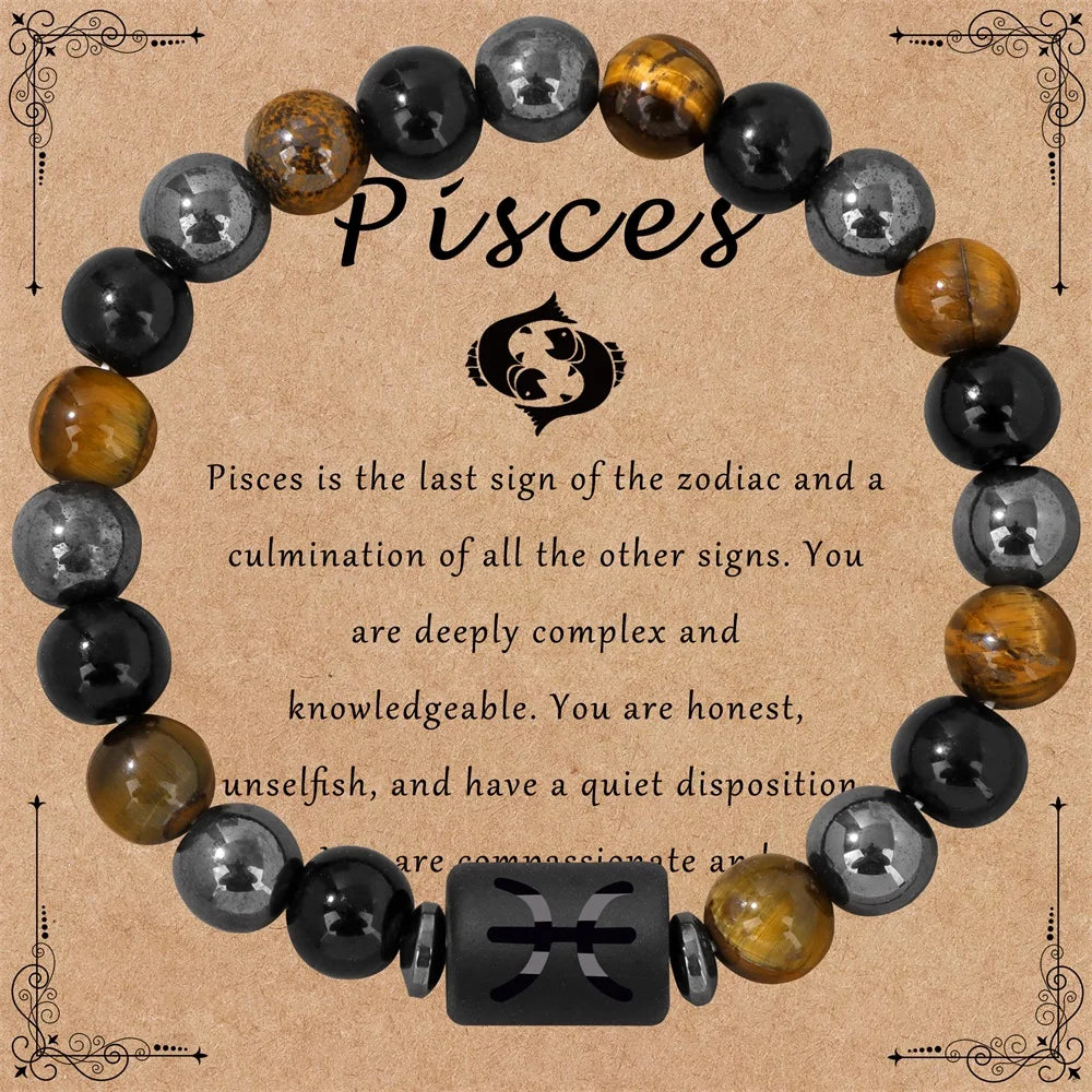 ✨ 12 Constellation Zodiac Sign Bracelet – Tiger Eye, Hematite & Obsidian Triple Protection Stone Beaded Bangle – Empowering Energy Jewelry Gift Pisces