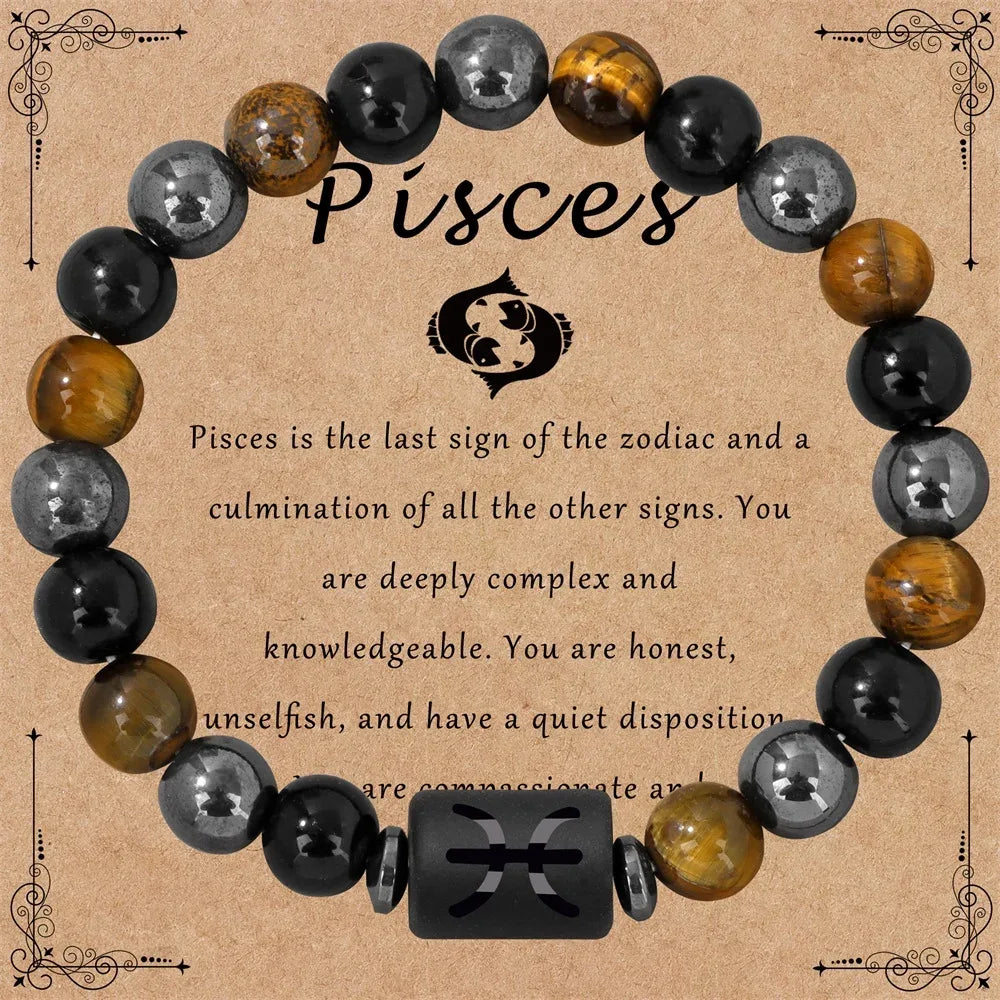 ✨ 12 Constellation Zodiac Sign Bracelet – Tiger Eye, Hematite & Obsidian Triple Protection Stone Beaded Bangle – Empowering Energy Jewelry Gift Pisces