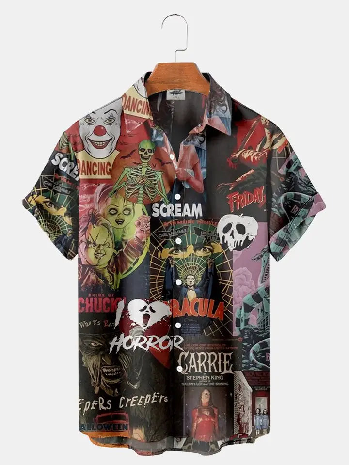 ✨ The Cinematic Nightmare Edition: Premium Men’s Horror Movie 3D Printed Shirt – High-Definition Slasher &amp; Supernatural Graphic, Designer Summer Hawaiian Fit, Breathable Quick-Dry Short-Sleeve, and Sophisticated Urban-Gothic