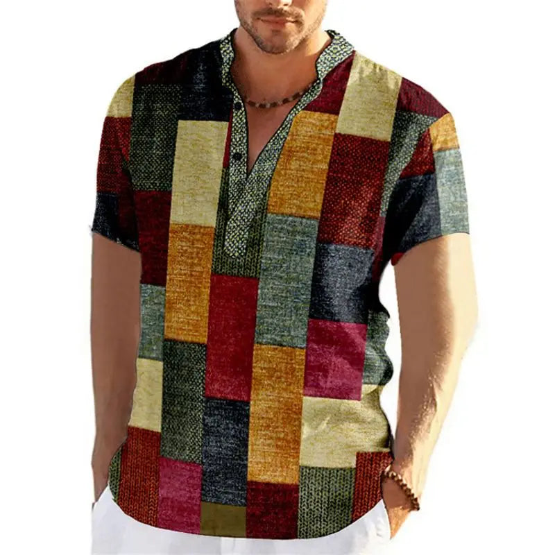 🎨 The Neo-Vintage 3D Patchwork Henley: Premium Men's Color-Block Fashion Tee – High-Definition Digital Print, Breathable Short-Sleeve 3-Button Henley, and Sophisticated Slim-Relaxed Fit