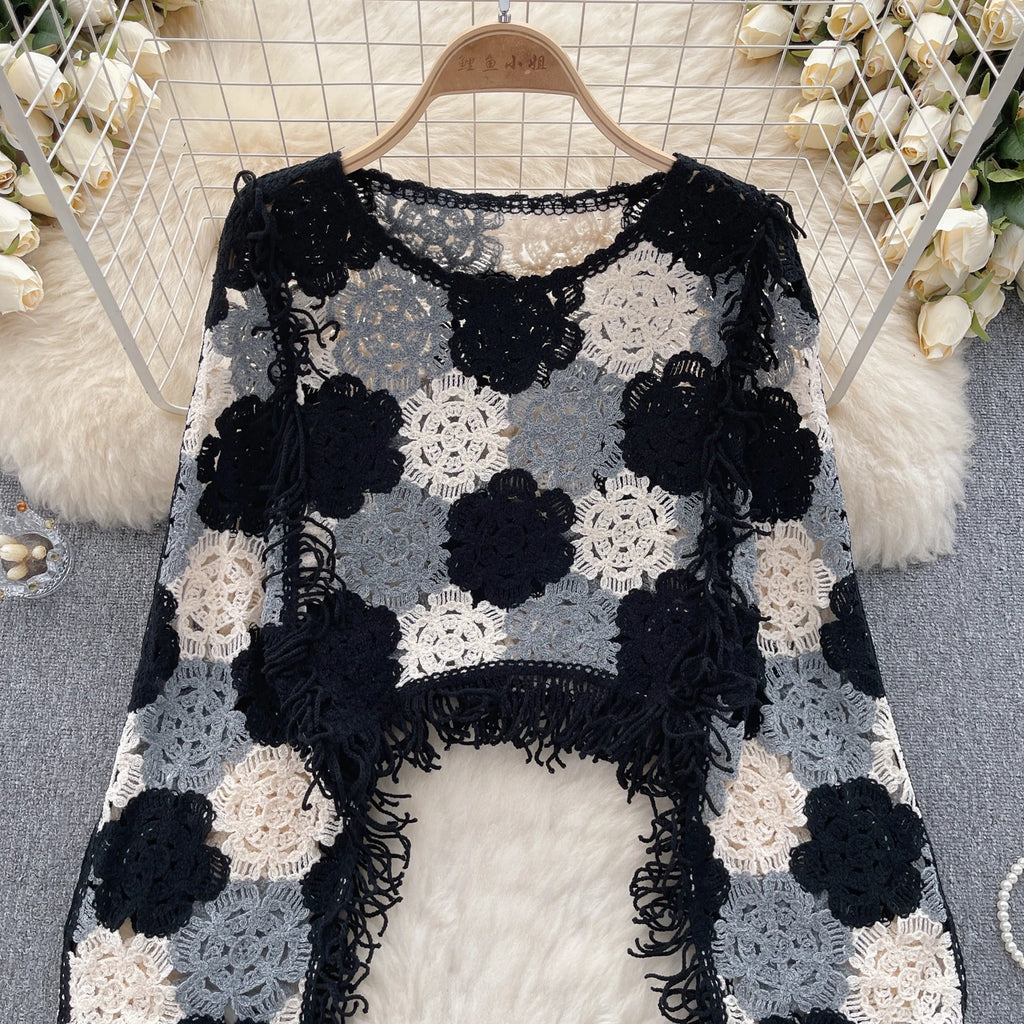 👚 SINGREINY Tassels Knit Hollow Out Top – Hook Flower Design, Long Sleeves, Women’s Streetwear, Chic Bohemian Y2K Vintage Loose Blouse