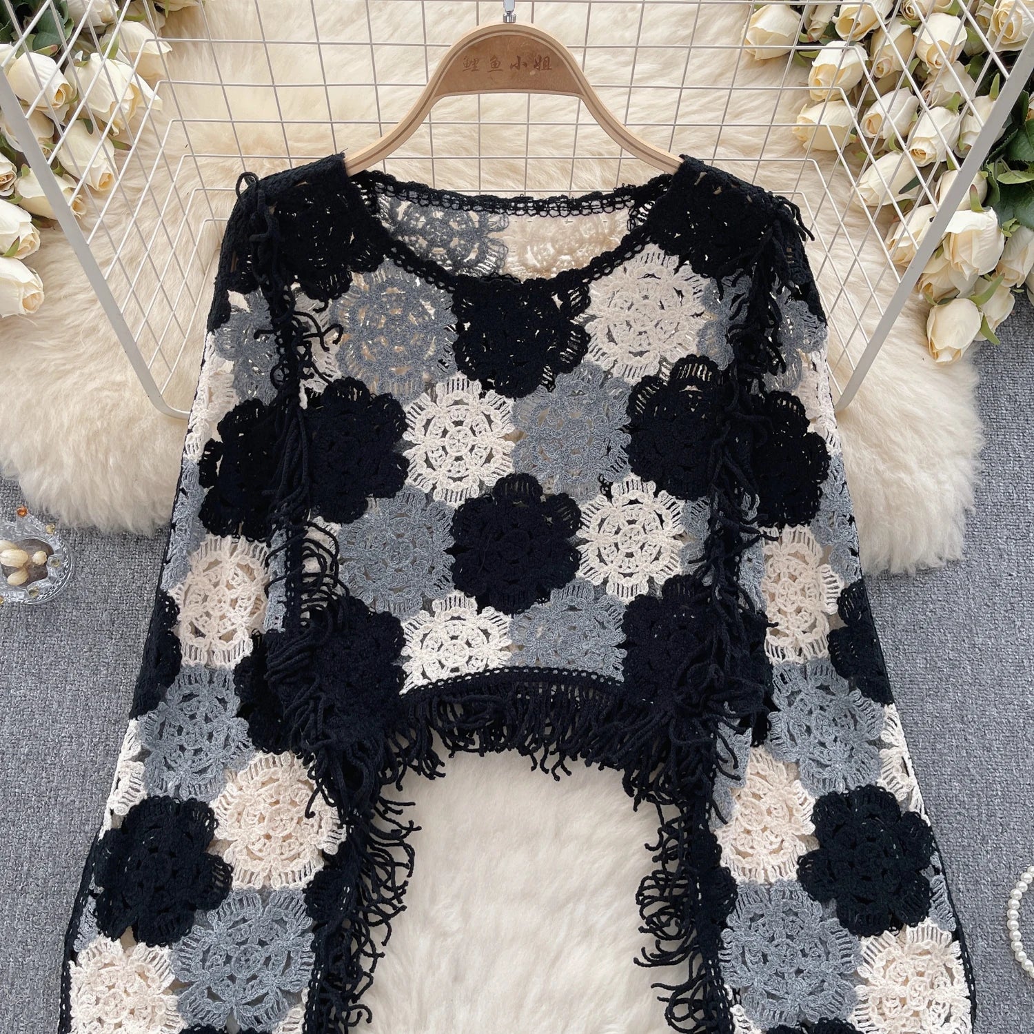 👚 SINGREINY Tassels Knit Hollow Out Top – Hook Flower Design, Long Sleeves, Women’s Streetwear, Chic Bohemian Y2K Vintage Loose Blouse