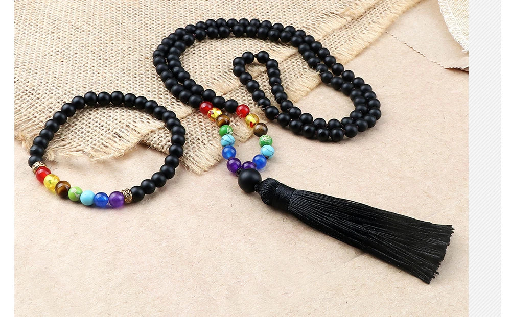 🌑 Black Onyx & 7 Chakra Mala: Shiny/Matte 108 Bead Necklace & Wrap Bracelet – Grounding, Protection & Anxiety Relief Meditation Rosary