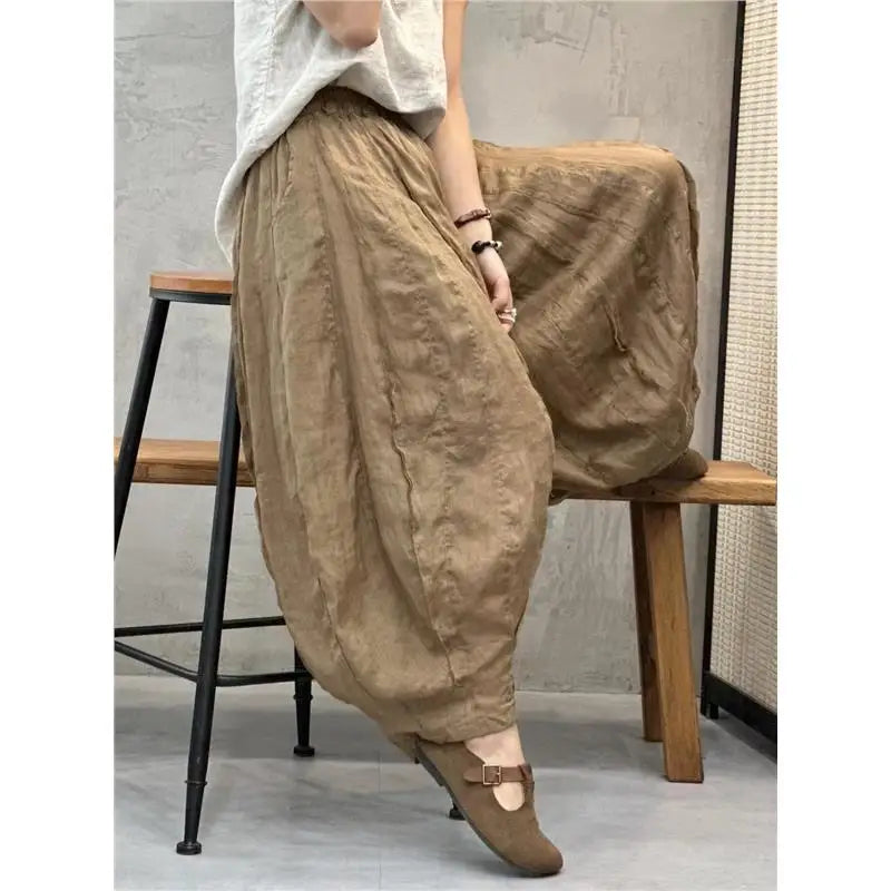 👖 Women’s Summer Autumn Cotton and Linen Bloomers Pants – Loose Fit, Vintage Floral Printed Bohemian Straight Trousers for Comfortable Fashion