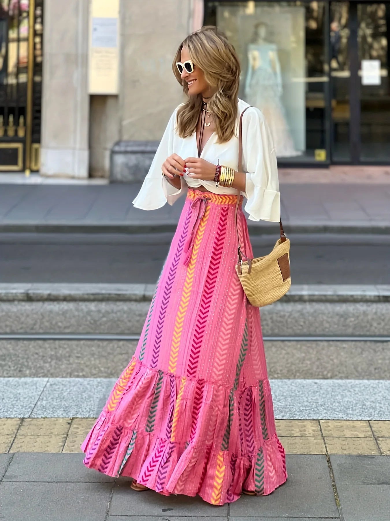 🌟 Elegant Women Green Print Elastic Waist Skirt Spring Summer Femme Patchwork Slim Skirt Streetwear Casual Ankle-Length Long Skirt﻿