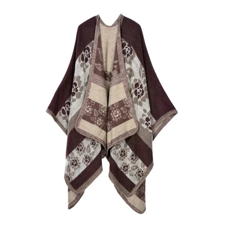 Winter Fashion Poncho Women Capes Scarf Imitation Cashmere Ladies Scarves Warm Shawls Wraps Woman Ponchos Bufanda Mujer Foulard One Size 2Flowers-coffee