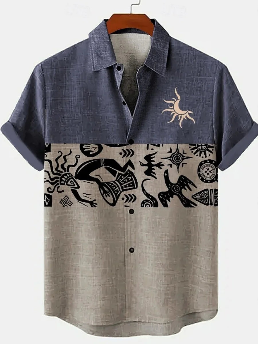 🌍 The Ethno-Vintage Heritage Shirt: Premium Men’s Organic Linen Hawaiian Top – High-Definition Tribal Artistic Print, Breathable Short-Sleeve Casual Button-Down, and Sophisticated Street-Style Silhouette ZT2511