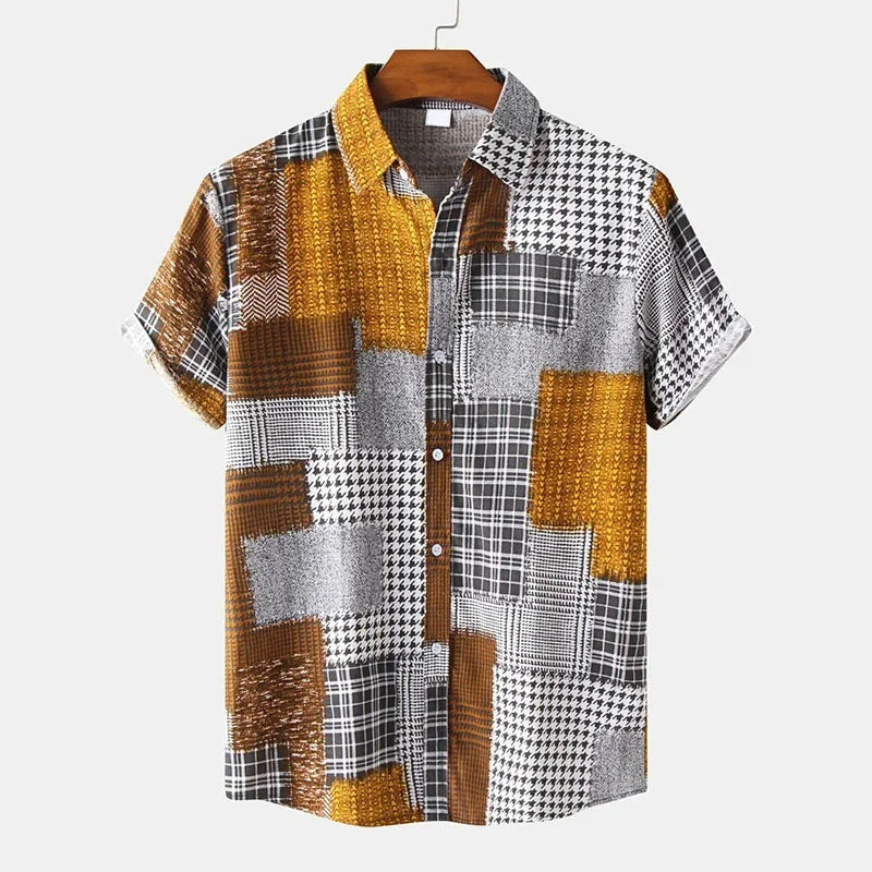 🎨 The Chromatic Patchwork Aloha Masterpiece: Premium Men's Vintage-Style Hawaiian Shirt – High-Definition Colorful Geometric Print, Breathable Short-Sleeve Button-Down, and Signature Loose-Fit Silhouette