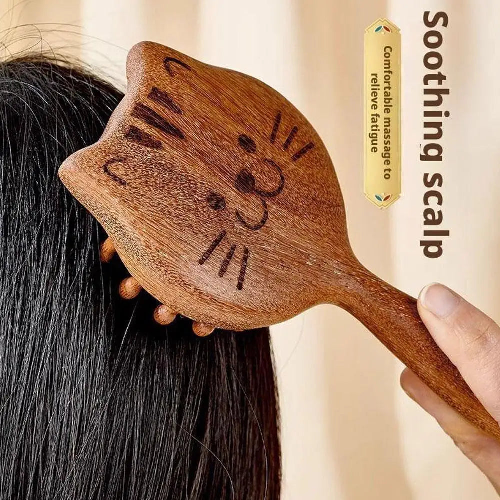 Sandalwood Scalp Massage Comb – Cat Shape Wooden Wide Tooth Guasha Scraping Comb for Hair and Body Massage﻿