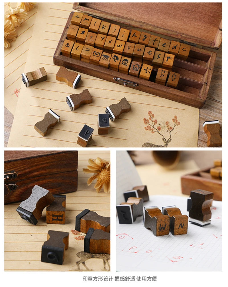 🔤 Wooden Alphabet Letter Stamps Set – Vintage Uppercase & Lowercase Rubber Stamps with DIY Self Ink Pad | Perfect for Diary, Album, Handmade Art & Craft