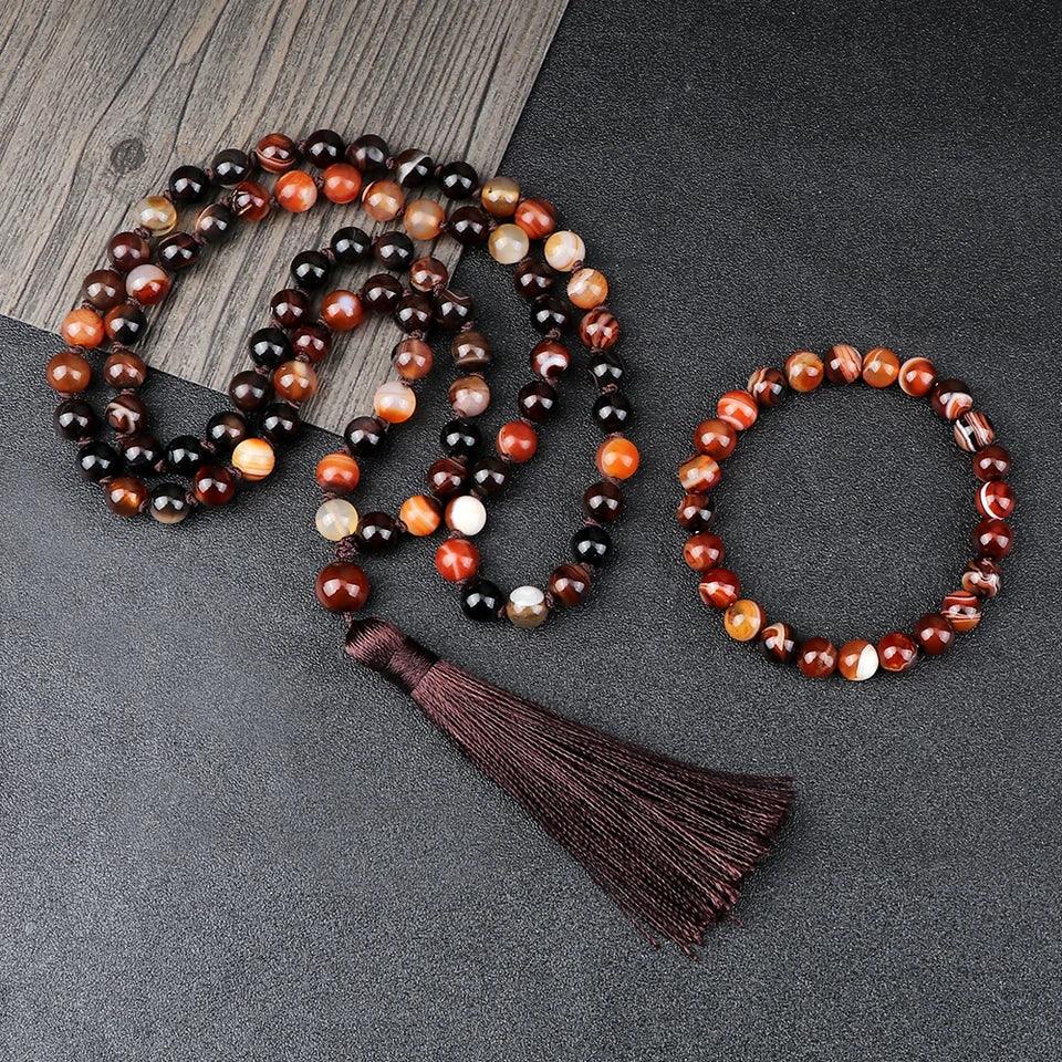 🐯 Natural Tiger Eye Stone Jewelry Set (Necklace & Bracelet): Healing Tassel Pendant & Sweater Chain – Confidence, Wealth & Protection Crystal for Women
